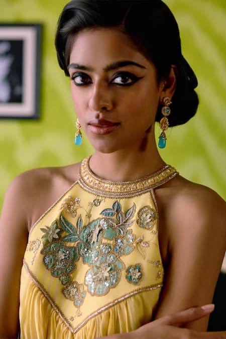 Deep Thee Yellow Chanderi Embroidery, Zari Halter Neck Buttercup Dress at Aza Fashions Deep Thee_Yellow Chanderi Embroidery, Zari Halter Neck Buttercup Dress _at_Aza_Fashions