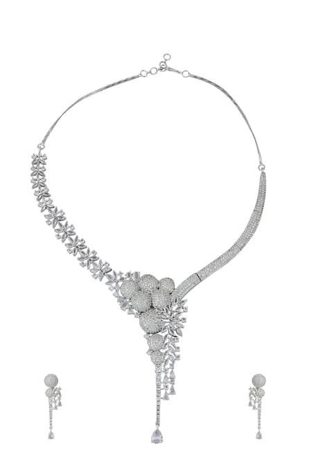 Shop_Nazaakat By Samara Singh_White American Diamond Necklace And Earrings Set _at_Aza_Fashions