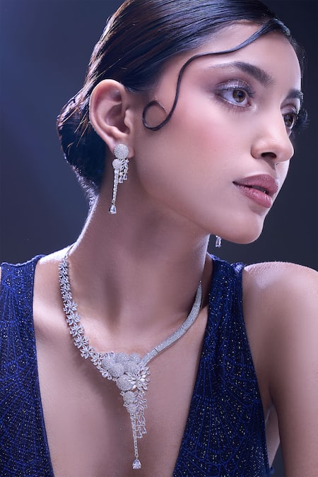 Nazaakat By Samara Singh White American Diamond Necklace And Earrings Set 