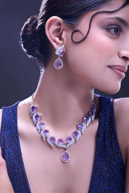 Buy_Nazaakat By Samara Singh_Purple Violet Brass Necklace And Earring Set 