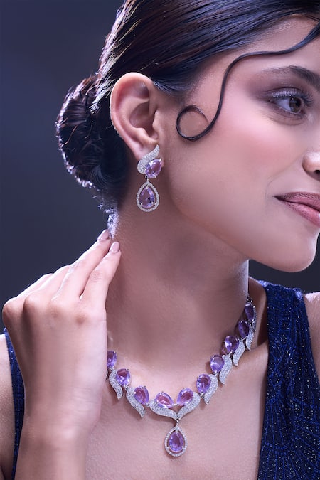 Buy_Nazaakat By Samara Singh_Purple Violet Brass Necklace And Earring Set _at_Aza_Fashions