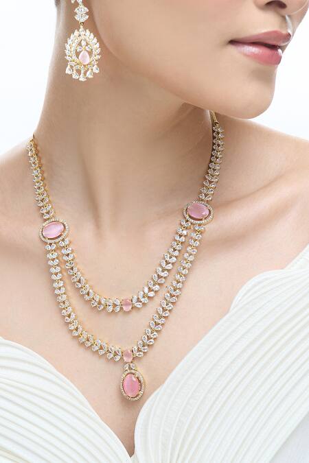 Shop Nazaakat By Samara Singh Pink Brass Necklace And Earring Set Shop_Nazaakat By Samara Singh_Pink Brass Necklace And Earring Set