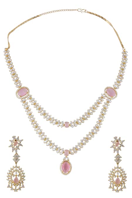 Shop Nazaakat By Samara Singh Pink Brass Necklace And Earring Set at Aza Fashions Shop_Nazaakat By Samara Singh_Pink Brass Necklace And Earring Set _at_Aza_Fashions