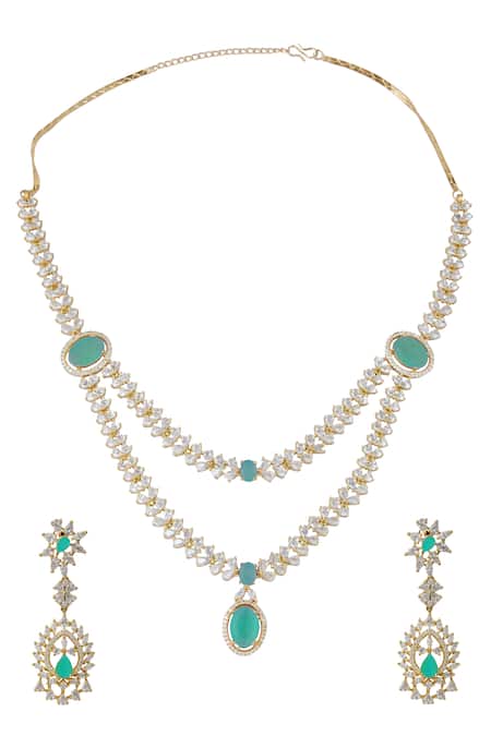 Shop Nazaakat By Samara Singh Aqua Brass Necklace And Earring Set at Aza Fashions Shop_Nazaakat By Samara Singh_Aqua Brass Necklace And Earring Set _at_Aza_Fashions