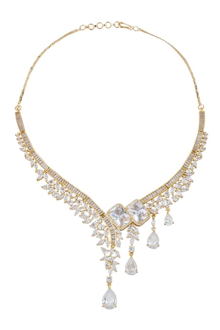 Buy_Nazaakat By Samara Singh_White Gold American Diamond Necklace And Earring Set _Online_at_Aza_Fashions