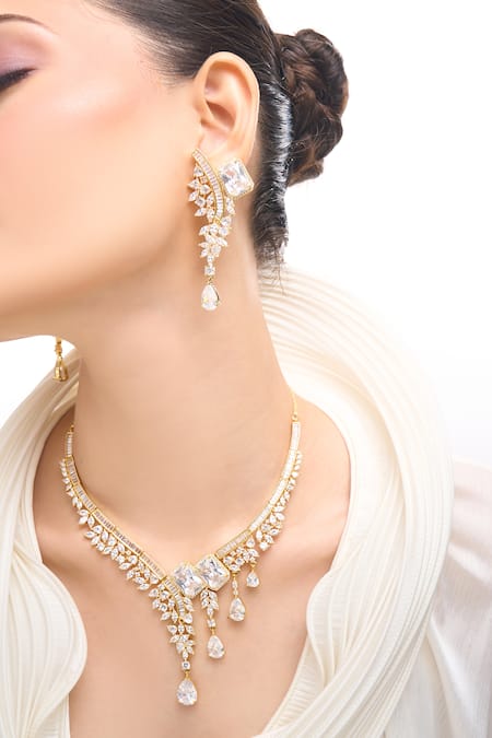 Buy_Nazaakat By Samara Singh_White Gold American Diamond Necklace And Earring Set 