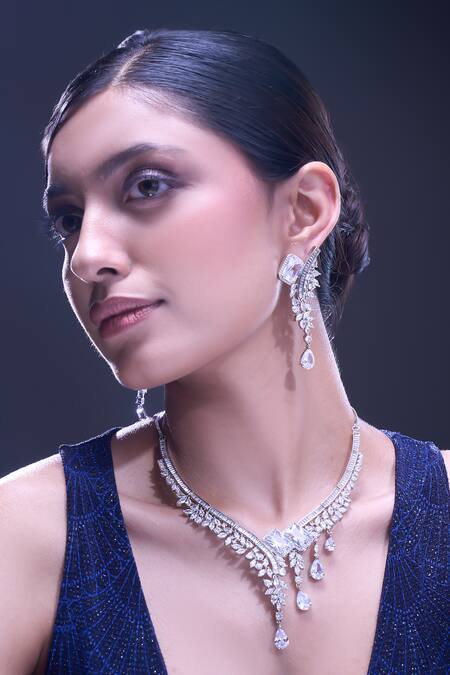 Shop_Nazaakat By Samara Singh_White American Diamond Necklace And Earrings Set _Online_at_Aza_Fashions