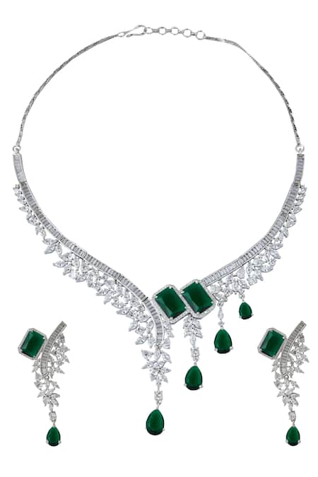 Nazaakat By Samara Singh Green Brass American Diamond Jewelry Set 