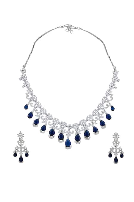 Shop Nazaakat By Samara Singh Blue Imitation Diamonds American Necklace And Earring Set at Aza Fashions Shop_Nazaakat By Samara Singh_Blue Imitation Diamonds American Necklace And Earring Set _at_Aza_Fashions