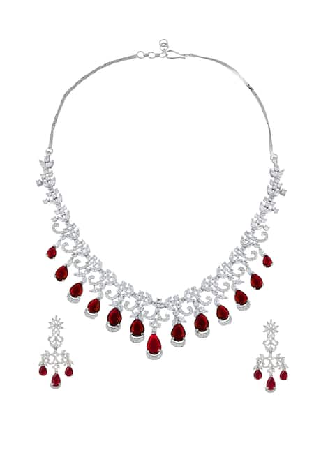 Shop Nazaakat By Samara Singh Red Imitation Diamonds Ruby American Necklace And Earring Set at Aza Fashions Shop_Nazaakat By Samara Singh_Red Imitation Diamonds Ruby American Necklace And Earring Set _at_Aza_Fashions