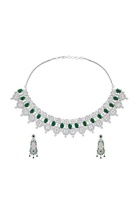Shop_Nazaakat By Samara Singh_Green Imitation Diamonds Brass American Jewelry Set _at_Aza_Fashions