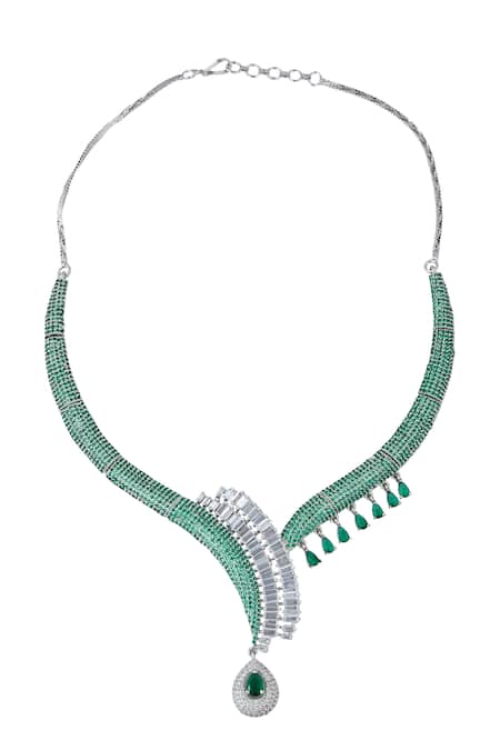 Shop_Nazaakat By Samara Singh_Green Brass American Diamond Jewelry Set _Online_at_Aza_Fashions
