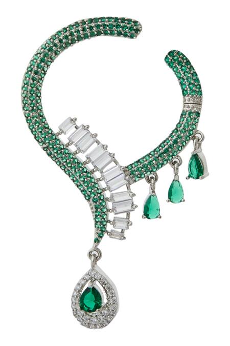 Nazaakat By Samara Singh_Green Brass American Diamond Jewelry Set _at_Aza_Fashions