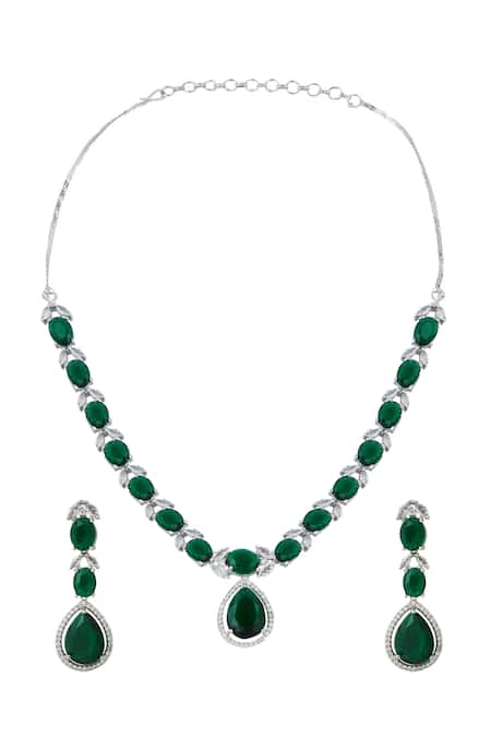 Nazaakat By Samara Singh Green Brass American Diamond Jewelry Set 