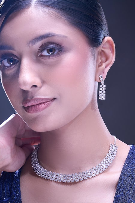 Nazaakat By Samara Singh White American Diamond Necklace & Earrings Set 