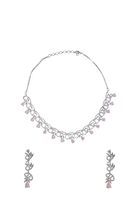 Nazaakat By Samara Singh Pink American Diamond Necklace & Earrings Set 