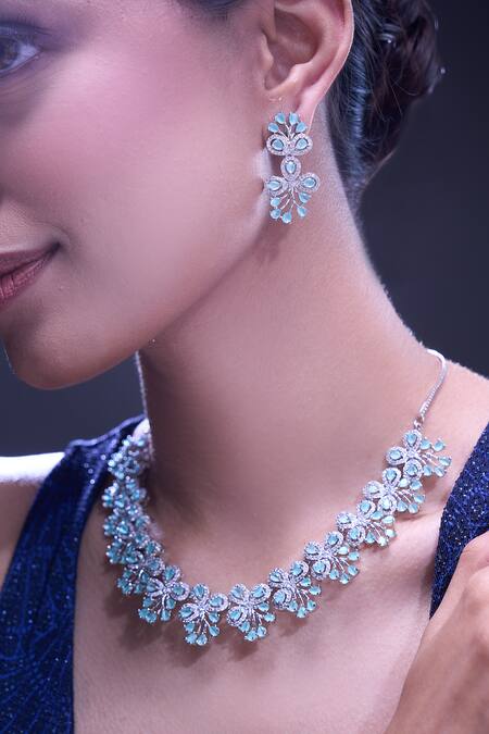 Nazaakat By Samara Singh_Aqua American Diamond Necklace And Earrings _at_Aza_Fashions