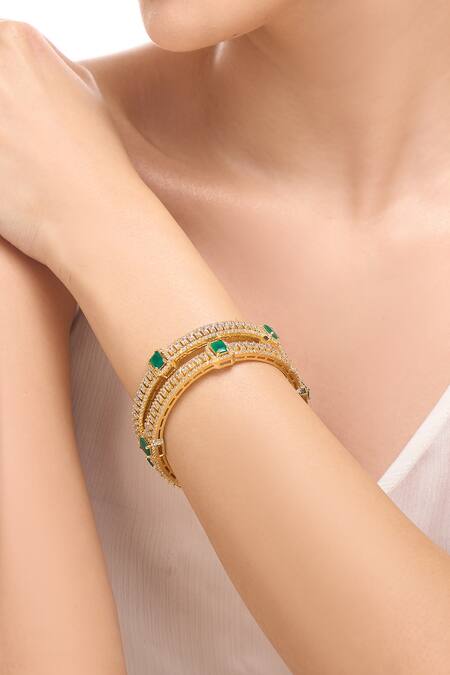 Shop_Nazaakat By Samara Singh_Gold Plated Diamonds, Stones And Green American Bangles _Online_at_Aza_Fashions