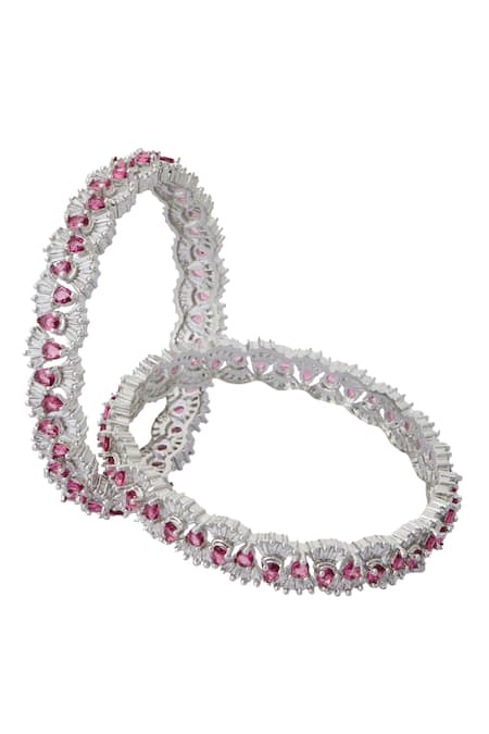Shop_Nazaakat By Samara Singh_Silver Plated And Pink American Diamond Bangles _at_Aza_Fashions