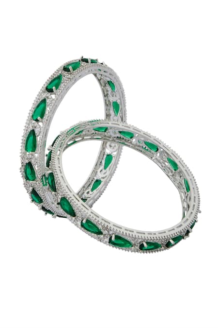 Buy_Nazaakat By Samara Singh_Silver Plated Imitation Diamonds And Green American Bangles _Online_at_Aza_Fashions