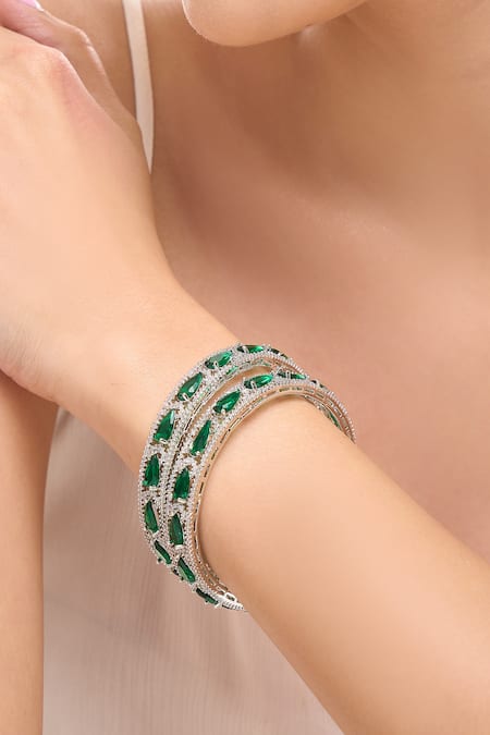 Shop_Nazaakat By Samara Singh_Silver Plated Imitation Diamonds And Green American Bangles _Online_at_Aza_Fashions