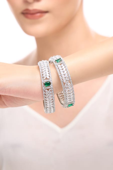 Buy_Nazaakat By Samara Singh_Silver Plated Imitation Diamonds And Green American Bangles _Online_at_Aza_Fashions
