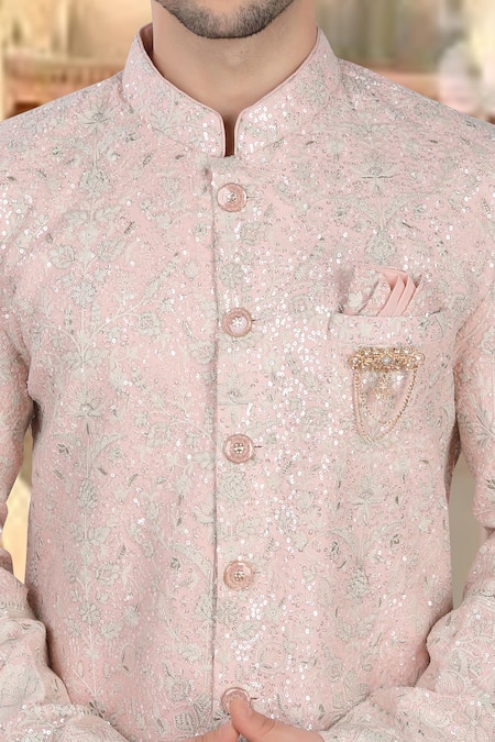 Arihant Rai Sinha_Pink Georgette, Polyester, Viscose Embroidery, Thread Sherwani And White Pant _Online_at_Aza_Fashions
