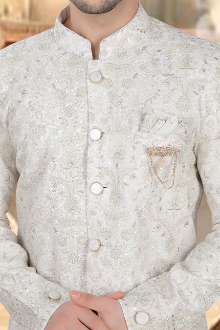 Arihant Rai Sinha_Cream Georgette, Polyester, Viscose Embroidery, Sequins Thread Sherwani Set _Online_at_Aza_Fashions