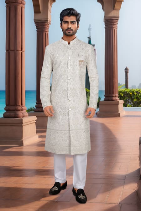Arihant Rai Sinha Cream Georgette, Polyester, Viscose Embroidery, Sequins Thread Sherwani Set 