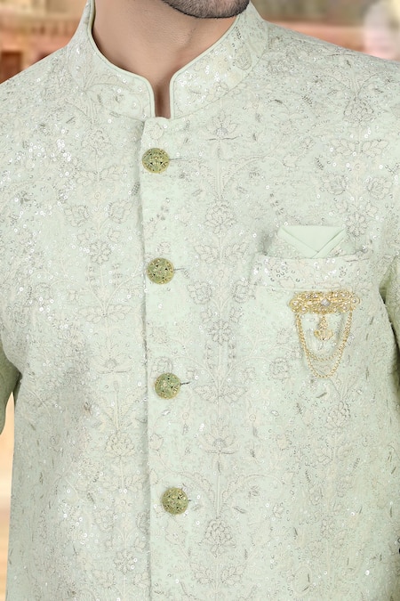 Arihant Rai Sinha Green Georgette, Polyester, Viscose Embroidery, Sequins Thread And Sherwani Set Online at Aza Fashions Arihant Rai Sinha_Green Georgette, Polyester, Viscose Embroidery, Sequins Thread And Sherwani Set _Online_at_Aza_Fashions