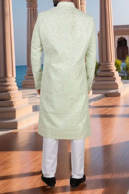 Shop Arihant Rai Sinha Green Georgette, Polyester, Viscose Embroidery, Sequins Thread And Sherwani Set at Aza Fashions Shop_Arihant Rai Sinha_Green Georgette, Polyester, Viscose Embroidery, Sequins Thread And Sherwani Set _at_Aza_Fashions