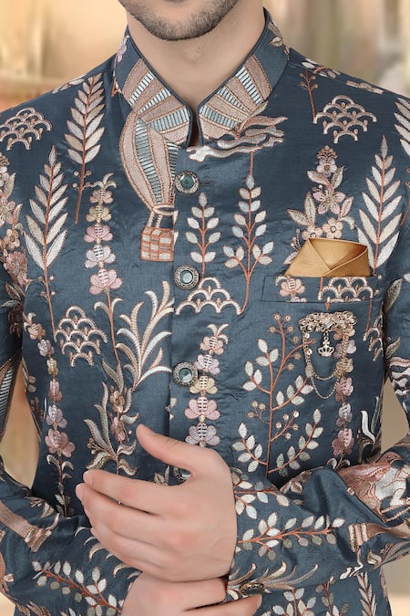 Arihant Rai Sinha_Blue Silk, Polyester, Viscose Sequins, Bluish Grey Thread Sherwani Set _Online_at_Aza_Fashions