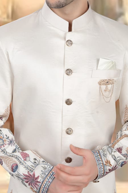 Arihant Rai Sinha_Cream Silk, Polyester, Viscose Embroidery, Sequins Thread Sherwani And Pant Set _Online_at_Aza_Fashions