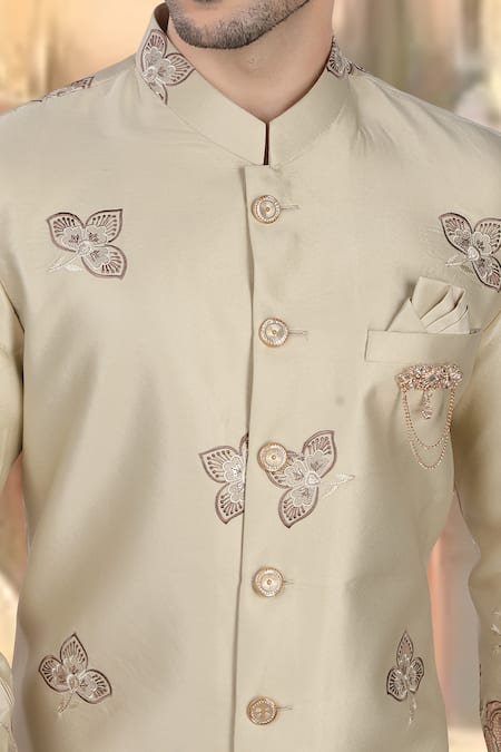 Arihant Rai Sinha_Gold Silk, Polyester, Viscose Embroidery, Sequins Thread Sherwani And White Pant _Online_at_Aza_Fashions