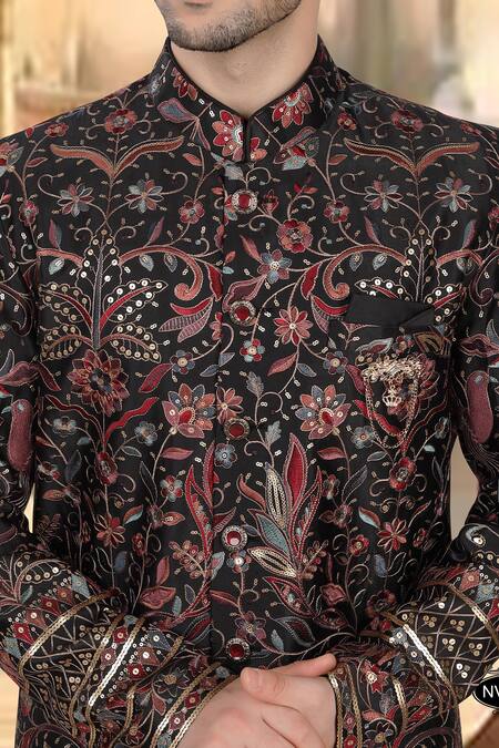 Arihant Rai Sinha_Black Silk, Polyester, Viscose Embroidery, Multi Color Blend Sherwani Set _Online_at_Aza_Fashions