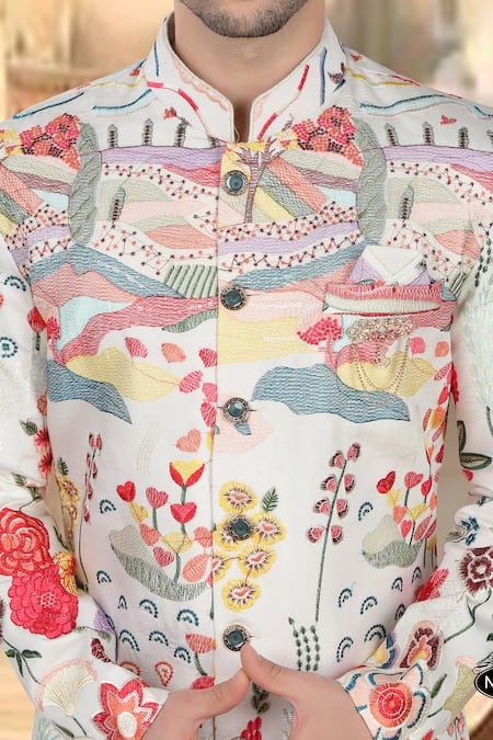 Arihant Rai Sinha_White Silk, Polyester, Viscose Embroidery, Multi Color Thread Sherwani Set _Online_at_Aza_Fashions