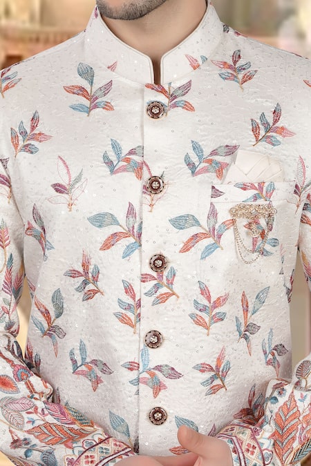 Arihant Rai Sinha_Cream Silk, Polyester, Viscose Embroidery, Sequins Multi Color Sherwani Set _Online_at_Aza_Fashions