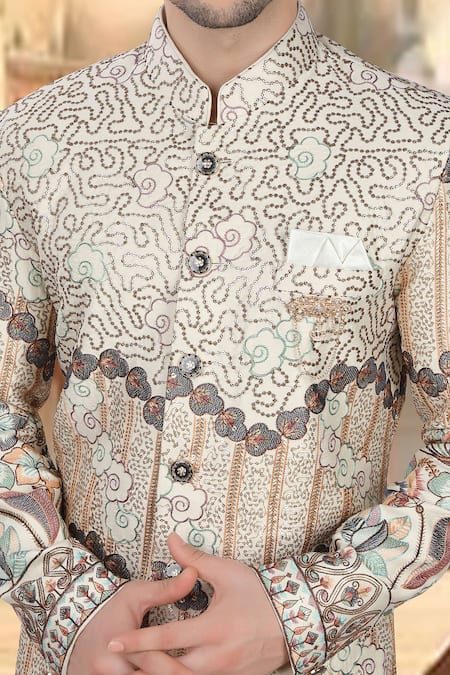 Arihant Rai Sinha_Cream Silk, Polyester, Viscose Embroidery, Multi Color Sherwani And White Pant Set _Online_at_Aza_Fashions