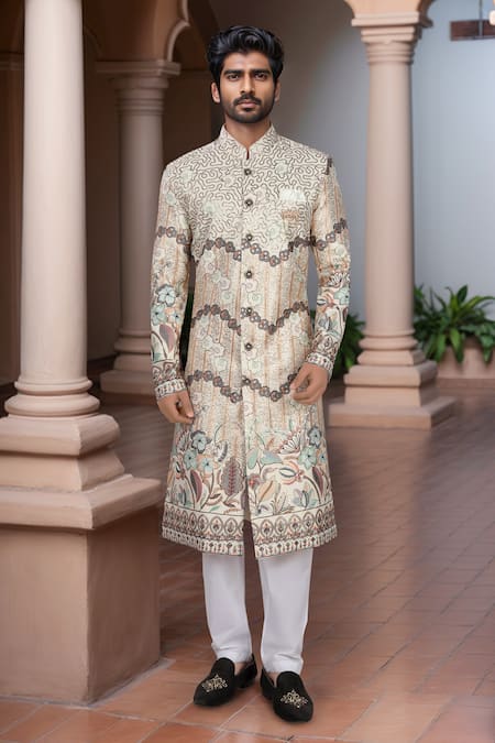 Arihant Rai Sinha Cream Multi Color Sherwani & White Pant Set 