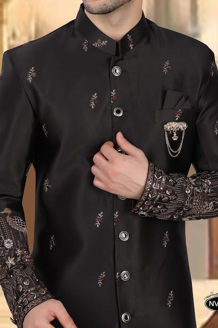Arihant Rai Sinha_Black Silk, Polyester, Viscose Embroidery, Sequins Thread Sherwani Set _Online_at_Aza_Fashions