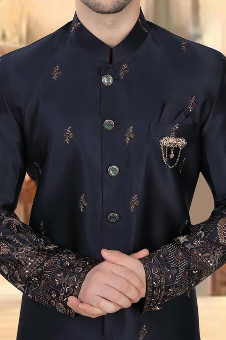 Arihant Rai Sinha_Blue Silk, Polyester, Viscose Embroidery, Sequins Thread Sherwani Set _Online_at_Aza_Fashions