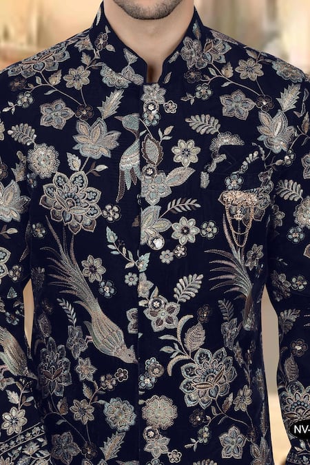 Arihant Rai Sinha_Blue Velvet, Polyester, Viscose Embroidery, Sequins Sherwani With White Pant _Online_at_Aza_Fashions