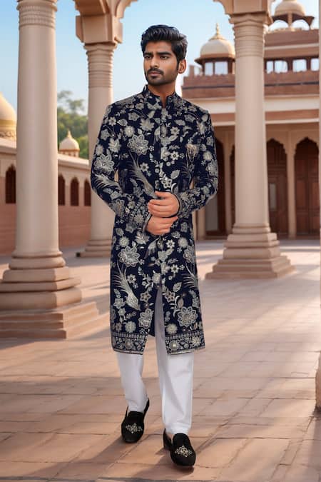 Arihant Rai Sinha Blue Velvet Sherwani With White Pant 