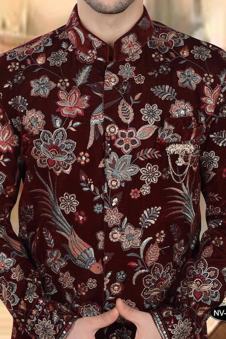 Arihant Rai Sinha_Maroon Velvet, Polyester, Viscose Embroidery, Sequins Sherwani And White Pant Set _Online_at_Aza_Fashions