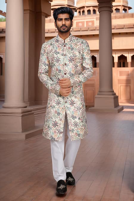 Arihant Rai Sinha Cream Multi Color Sherwani & White Pant Set 