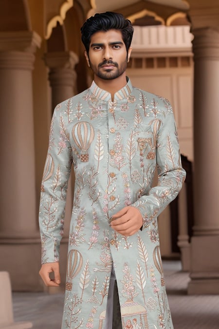 Arihant Rai Sinha_Blue Silk, Polyester, Viscose Embroidery, Sequins Sherwani And White Pant Set _Online_at_Aza_Fashions