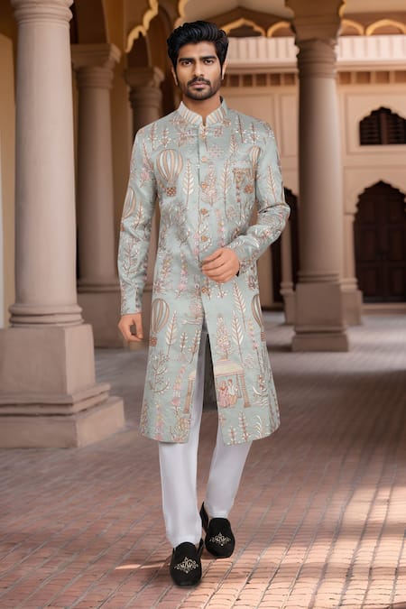 Arihant Rai Sinha Embroidered Blue Sherwani & White Pant Set 