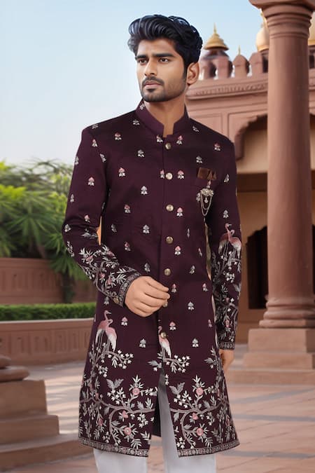 Arihant Rai Sinha_Wine Silk, Polyester, Viscose Embroidery, Sequins Blend Sherwani Set _Online_at_Aza_Fashions