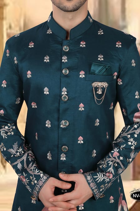 Arihant Rai Sinha_Blue Silk, Polyester, Viscose Embroidery, Sequins Blend Sherwani And White Pant _Online_at_Aza_Fashions