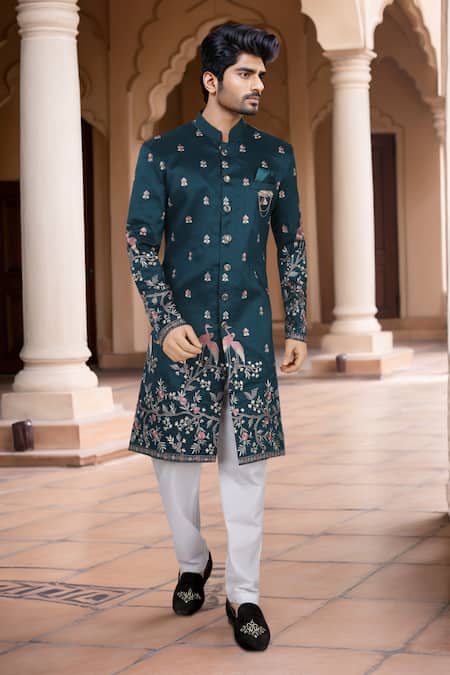 Arihant Rai Sinha Embroidered Blue Silk Blend Sherwani & White Pant 